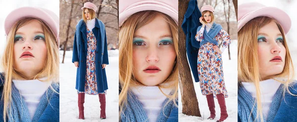 Colagem Moda Inverno Retrato Jovem Belo Adolescente Meninas Parque Inverno — Fotografia de Stock