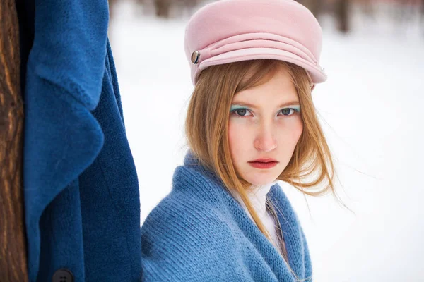 Make Beauty Portrait Young Beautiful Blonde Girl Blue Coat Pink — Stock Photo, Image