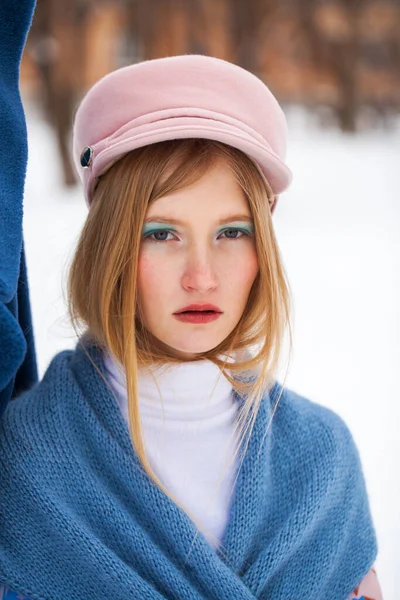 Make Beauty Portrait Young Beautiful Blonde Girl Blue Coat Pink — Stock Photo, Image