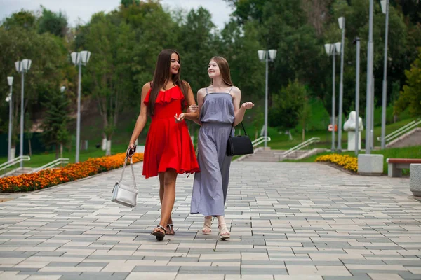 Portrait Beautiful Young Two Fashion Women Walk Summer City — Stock Photo, Image