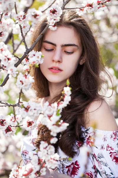 Menina Bonita Adolescente Estão Posando Jardim Perto Árvore Cereja Flor — Fotografia de Stock