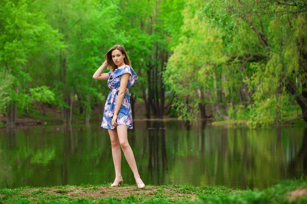 Celotělový Portrét Mladé Krásné Ženy Modrých Šatech Pózující Jezera — Stock fotografie