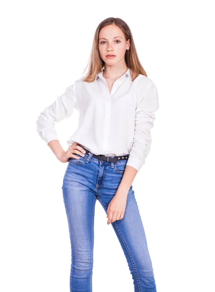 Ritratto Ravvicinato Una Giovane Bella Modella Bionda Jeans Blu Camicia — Foto Stock