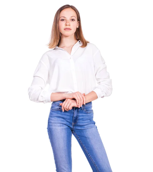 Retrato Cerca Una Joven Hermosa Modelo Rubia Jeans Azules Camisa — Foto de Stock