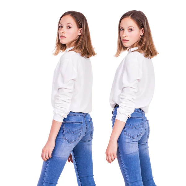 Collage Two Portrait Young Beautiful Blonde Model Blue Jeans Isolated — Stock Photo, Image