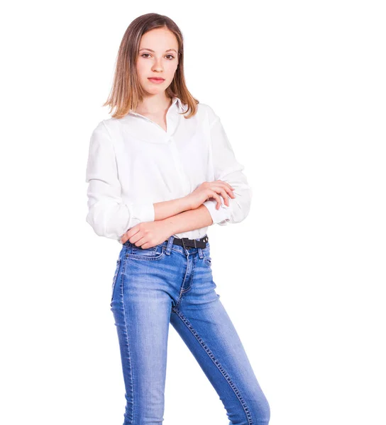 Close Portret Van Een Jong Mooi Blond Model Blauwe Jeans — Stockfoto