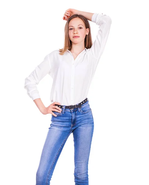 Close Retrato Jovem Modelo Loira Bonita Jeans Azul Camisa Branca — Fotografia de Stock