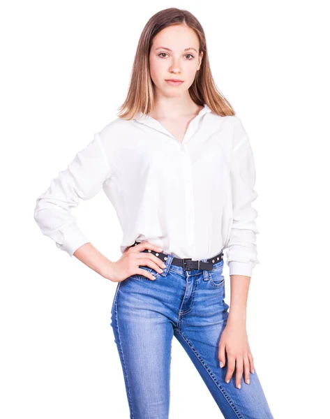 Retrato Cerca Una Joven Hermosa Modelo Rubia Jeans Azules Camisa — Foto de Stock