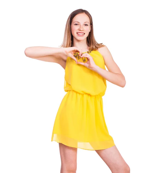 Close Portrait Young Beautiful Blonde Model Yellow Dress Isolated White — Stock Photo, Image