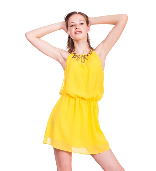 Retrato Cerca Una Joven Modelo Rubia Hermosa Vestido Amarillo Aislado —  Fotos de Stock