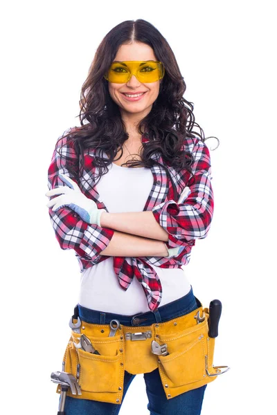 Projekt Zufriedenheit Sexy Brünette Frau Mechaniker Mit Gelber Schutzbrille Isoliert — Stockfoto