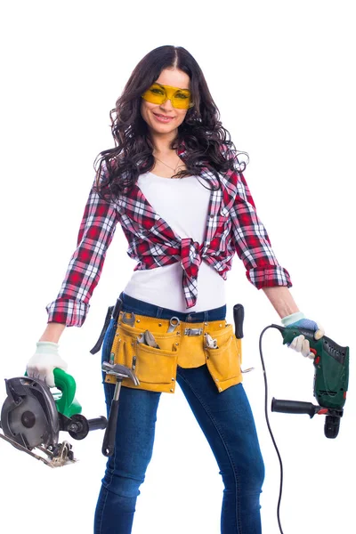 Project Satisfaction Beautiful Sexy Brunette Woman Circular Saw Perforator Isolated — Stock Photo, Image