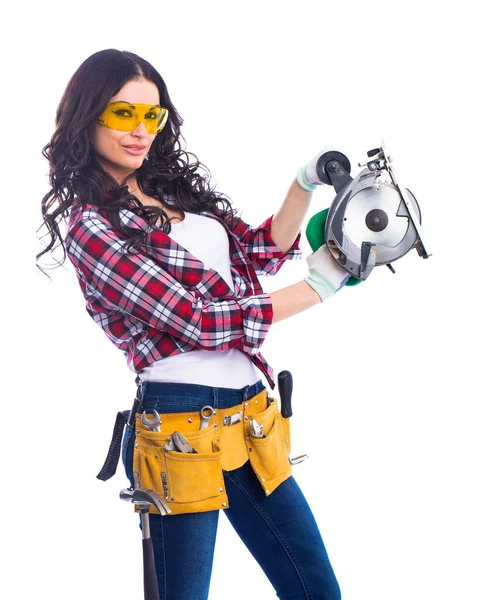 Project Satisfaction Beautiful Sexy Brunette Woman Goggles Circular Saw Isolated — Stock Photo, Image