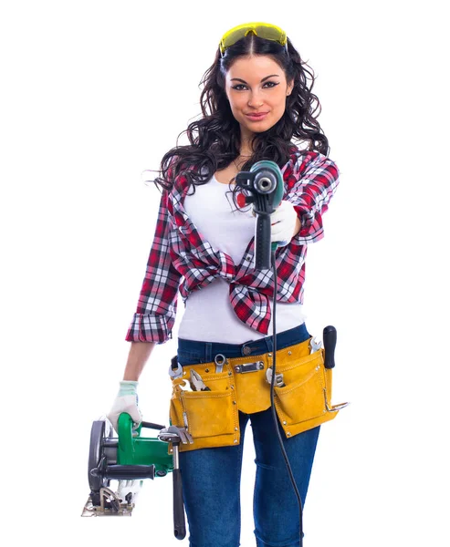 Project Satisfaction Beautiful Sexy Brunette Woman Circular Saw Perforator Isolated — Stock Photo, Image