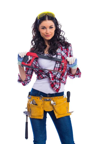 Project Satisfaction Beautiful Sexy Housewife Goggles Hacksaw Hand Isolated White — Stock Photo, Image