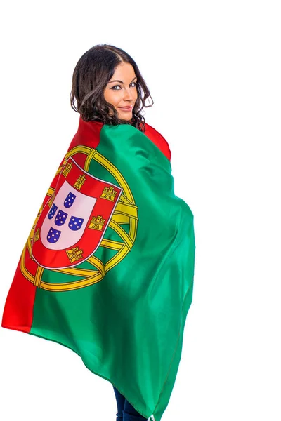 Young Beautiful Brunette Woman Holding Large Flag Portugal Isolated White — Stock Photo, Image