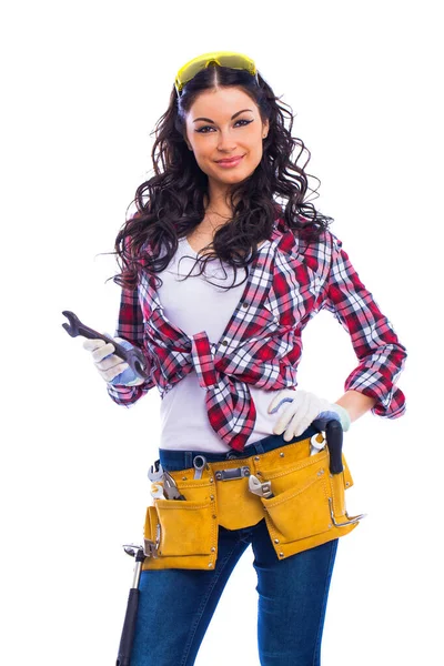 Project Satisfaction Sexy Brunette Woman Mechanic Wrench Isolated White Background — Stock Photo, Image