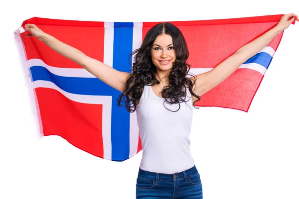Молода Красива Брюнетка Тримає Великий Прозорий Прапор Норвегії Ізольований Білому — стокове фото