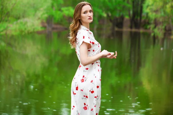 Hair Back View Close Young Blonde Woman White Dress Posing — Stock Photo, Image