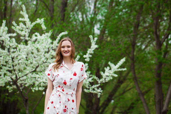 Egy Fiatal Gyönyörű Fehér Ruhás Portréja Amint Virágzó Cseresznye Hátterében — Stock Fotó