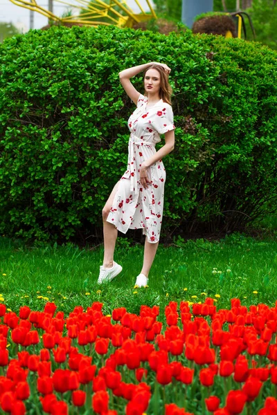 Retrato Corpo Inteiro Uma Jovem Bela Mulher Loira Posando Fundo — Fotografia de Stock