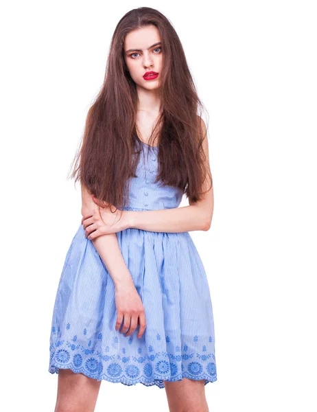 Primer Plano Retrato Una Joven Hermosa Morena Feliz Vestido Azul — Foto de Stock