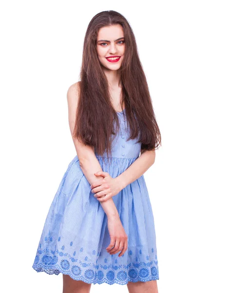 Primer Plano Retrato Una Joven Hermosa Morena Feliz Vestido Azul —  Fotos de Stock