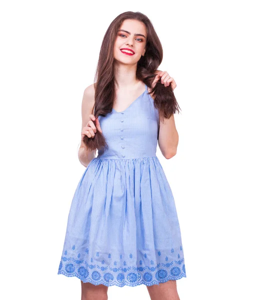 Close Portrait Young Beautiful Happy Brunette Woman Blue Dress Isolated — Stock Photo, Image