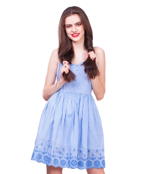 Close Retrato Uma Jovem Bela Mulher Morena Feliz Vestido Azul — Fotografia de Stock