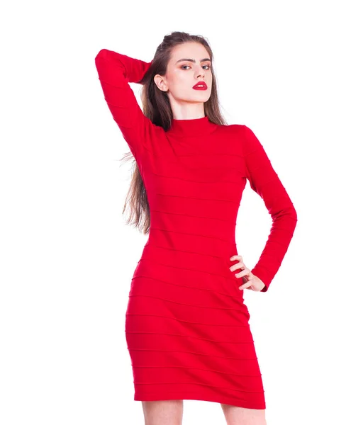 Nahaufnahme Porträt Eines Jungen Schönen Mädchens Rotem Kleid Isoliert Auf — Stockfoto