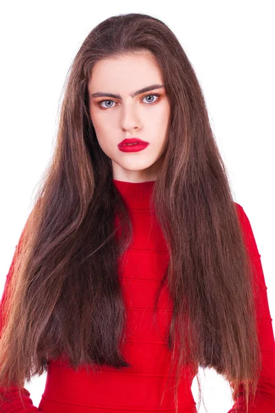 Close Retrato Uma Jovem Menina Bonita Vestido Vermelho Isolado Fundo — Fotografia de Stock