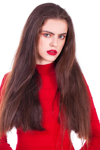 Retrato Cerca Una Joven Hermosa Vestido Rojo Aislado Sobre Fondo — Foto de Stock