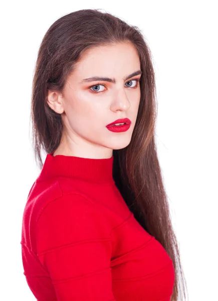 Retrato Cerca Una Joven Hermosa Vestido Rojo Aislado Sobre Fondo —  Fotos de Stock