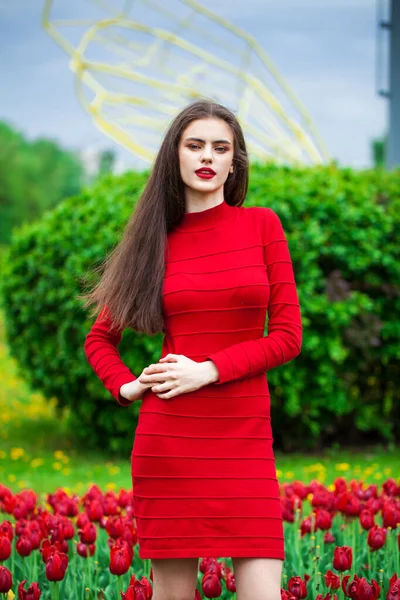 Κοντινό Πλάνο Πορτρέτο Μιας Νεαρής Όμορφης Μελαχρινής Γυναίκας Κόκκινο Φόρεμα — Φωτογραφία Αρχείου
