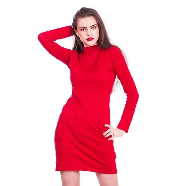 Close Retrato Uma Jovem Menina Bonita Vestido Vermelho Isolado Fundo — Fotografia de Stock
