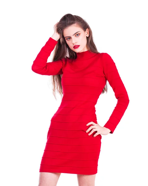 Gros Plan Portrait Une Jeune Belle Jeune Fille Robe Rouge — Photo