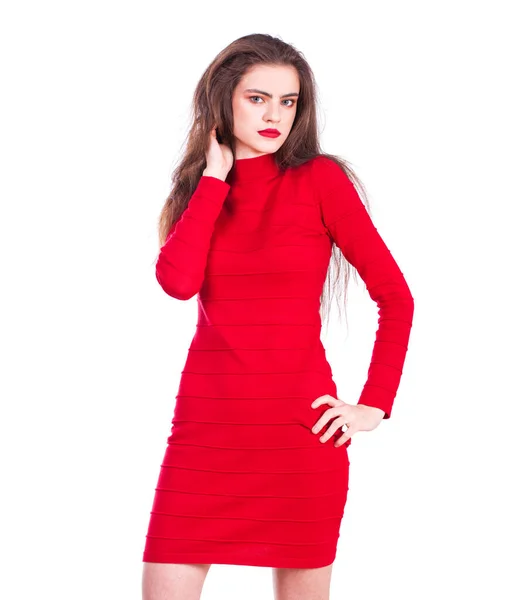 Close Retrato Uma Jovem Menina Bonita Vestido Vermelho Isolado Fundo — Fotografia de Stock