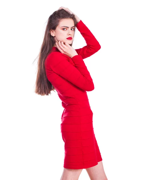 Κοντινό Πορτρέτο Ενός Νεαρού Όμορφου Κοριτσιού Κόκκινο Φόρεμα Απομονωμένο Λευκό — Φωτογραφία Αρχείου
