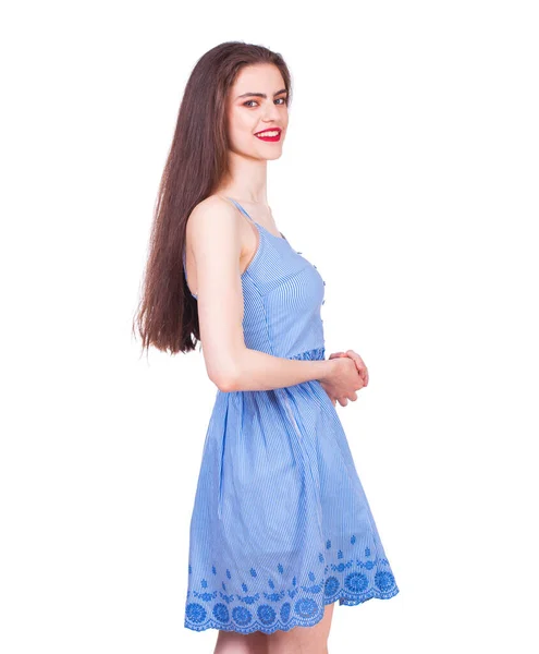 Close Portrait Young Beautiful Happy Brunette Woman Blue Dress Isolated — Stock Photo, Image