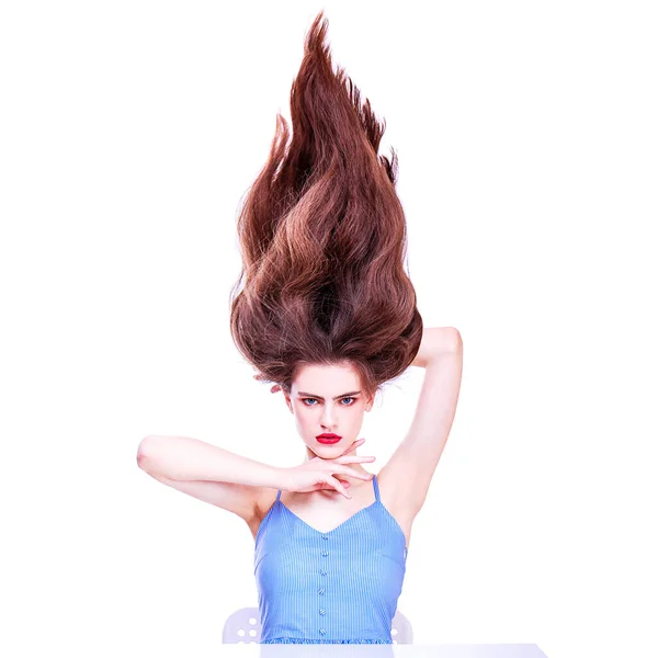 Cabelo Morena Para Cima Modelo Moda Jovem Vestido Azul Isolado — Fotografia de Stock