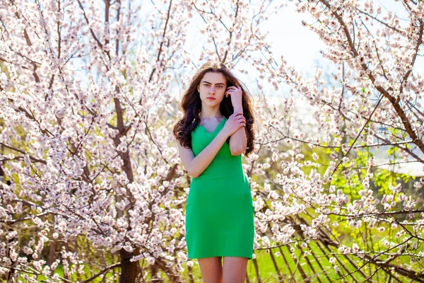 Beauty Teen Girl Green Dress Posing Blossom Cherry Tree White — Stock Photo, Image