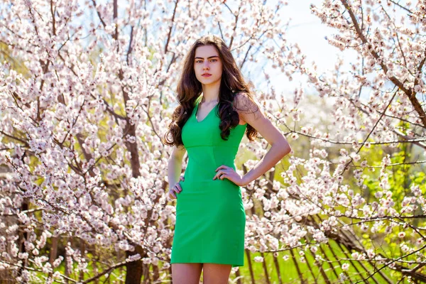 Belleza Chica Adolescente Vestido Verde Posando Cerca Flor Cerezo Con —  Fotos de Stock
