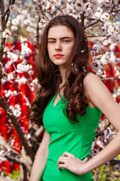Szépség Tini Lány Zöld Ruhában Pózol Közel Virág Cseresznyefa Fehér — Stock Fotó