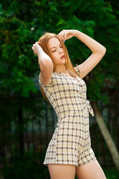 Close Portrait Young Beautiful Red Hair Woman Beige Checkered Dress — Stock Photo, Image