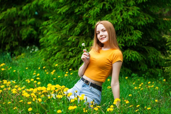 Retrato Cerca Una Joven Hermosa Sentada Campo Diente León Diente — Foto de Stock