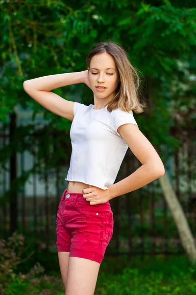Portrait Young Beautiful Blonde Girl White Shirt Red Jeans Shorts — Stock Photo, Image