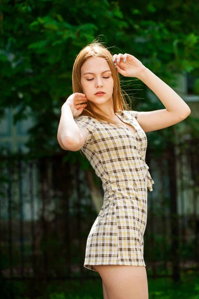 Close Portrait Young Beautiful Red Hair Woman Beige Checkered Dress — Stock Photo, Image