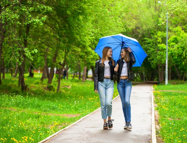 二つの陽気なガールフレンドは雨の日に公園を歩く — ストック写真