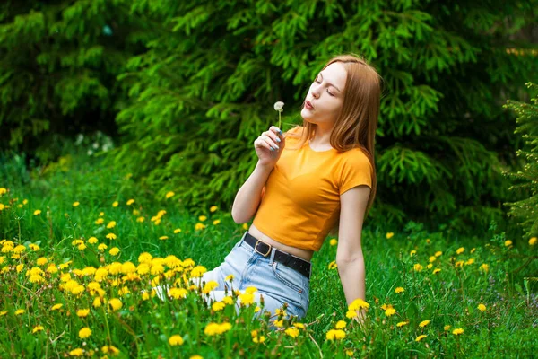 Nahaufnahme Porträt Eines Jungen Schönen Mädchens Sitzt Einem Löwenzahnfeld Ein — Stockfoto