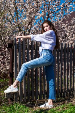 Çiçek açan kiraz ağacının arka planında, kot pantolonlu şık bir genç kızın tüm vücut portresi.